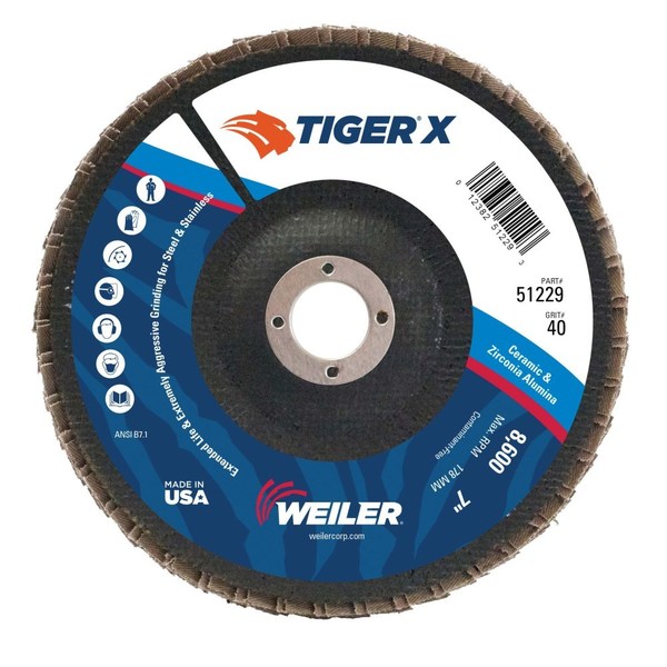 Weiler 7" Tiger X Flap Disc, Flat (TY27), Phenolic Backing, 40Z, 7/8" 51229